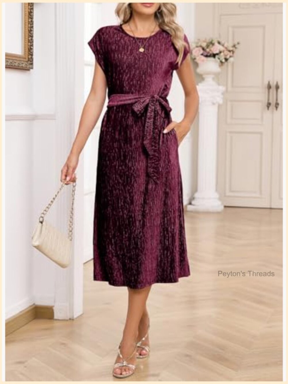 Velvet Sleeveless Crewneck Midi Dress with Pockets Cocktail Party - Picture 4 of 7